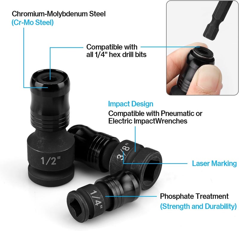 Lytool Impact Socket Adapter & Reducer Set, 6PCS Cr-Mo Steel, 1/4" Hex Shank to 1/4" Square Drive Drill Adapter and 1/2" 3/8" Reducers, Quick Release Extension for Impact Driver & Power Tools - Image 2
